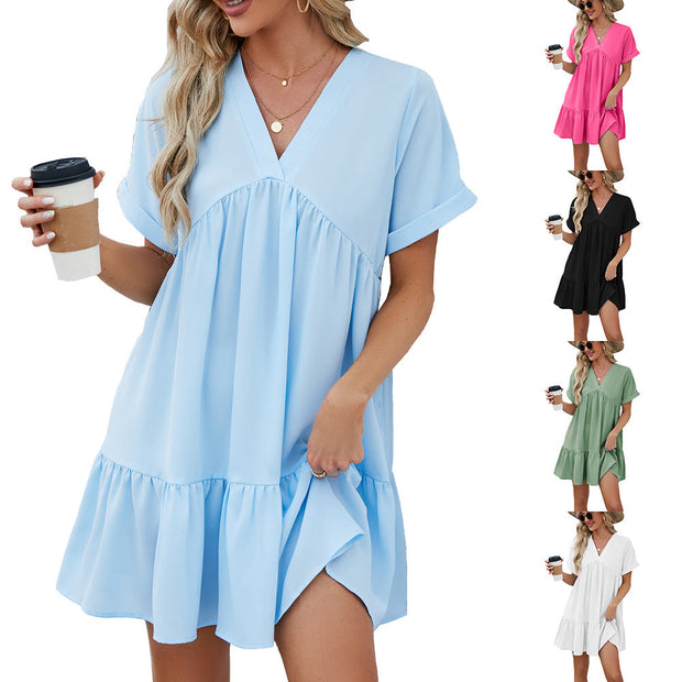 Loose V Neck Solid Color Summer Dresses