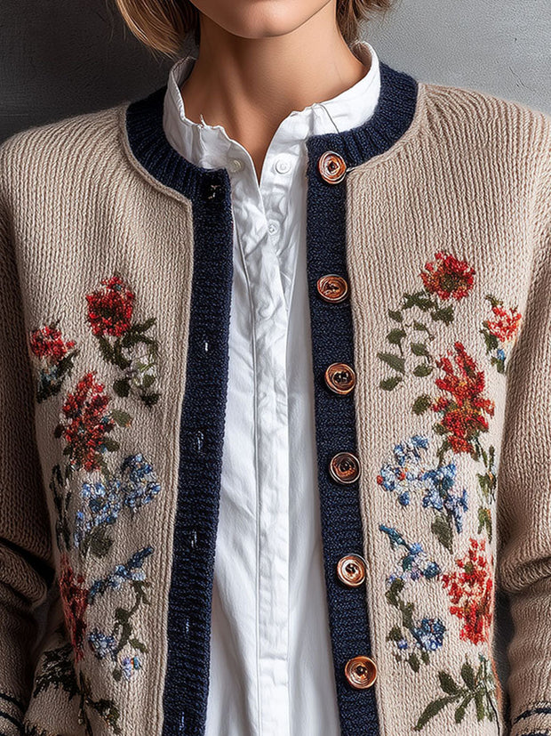 Retro Floral Embroidered Beige Knit Cardigan With Navy Trim