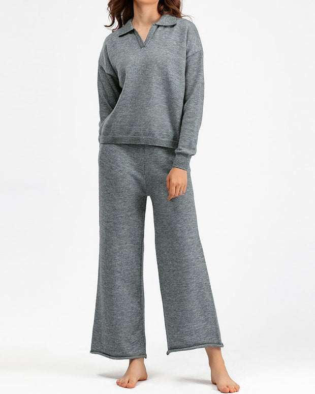 Polo collar sweater and wide-leg pants two-piece set