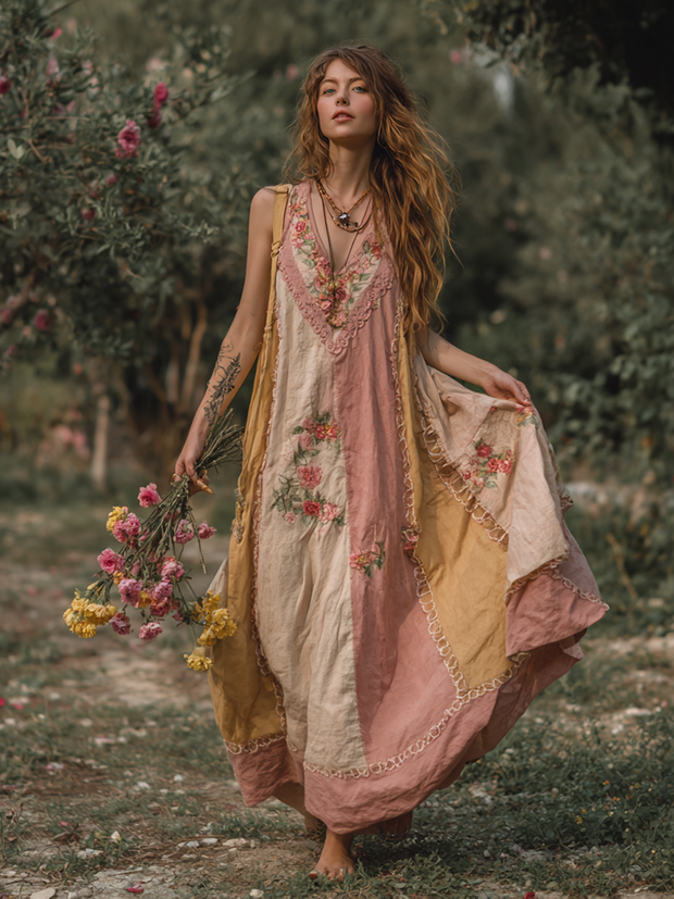 Women's Retro Bohemian Rose Pattern V-neck Dress