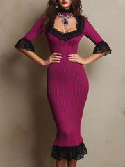 Fuchsia Vintage Lace Bodycon Midi Dress