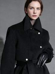 French Minimalist Chic Wool Coat for Women – Double-Faced Cashmere Overcoat with Lapel and Metal Buttons, Fall Winter Elegant Outerwear