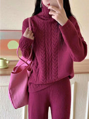 Turtleneck Knitted Sweater Wide-legs Pants Two-pieces Set