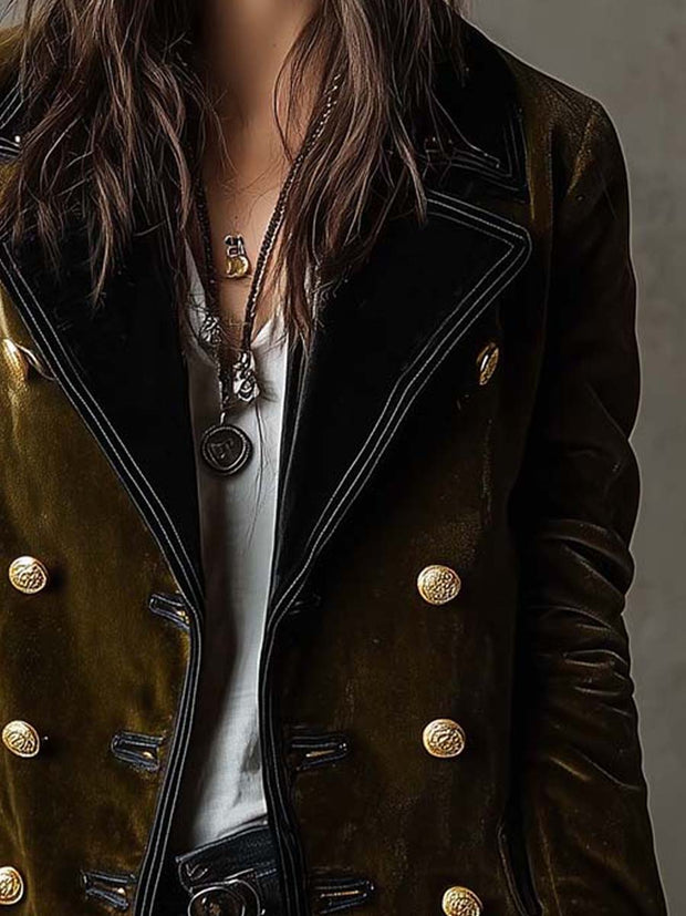 Olive Synthetic Velvet Double-Breasted Military Coat