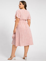 Plus Polka Dot V-Neck Tulip Sleeve Ruched Belted Midi Dress