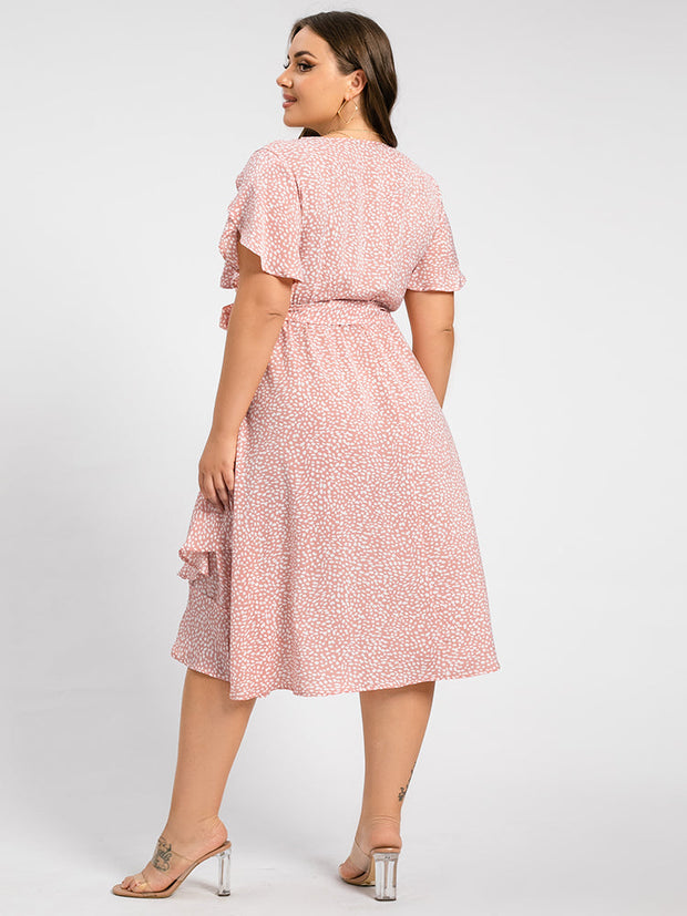 Plus Polka Dot V-Neck Tulip Sleeve Ruched Belted Midi Dress