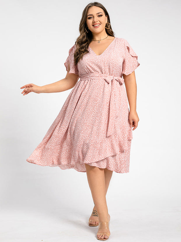 Plus Polka Dot V-Neck Tulip Sleeve Ruched Belted Midi Dress