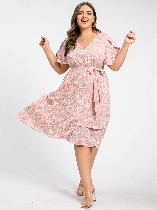 Plus Polka Dot V-Neck Tulip Sleeve Ruched Belted Midi Dress