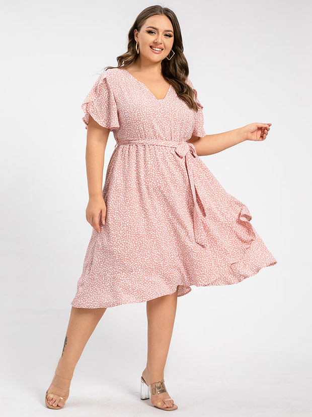 Plus Polka Dot V-Neck Tulip Sleeve Ruched Belted Midi Dress