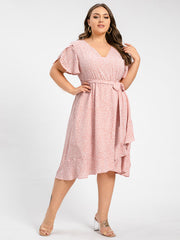 Plus Polka Dot V-Neck Tulip Sleeve Ruched Belted Midi Dress