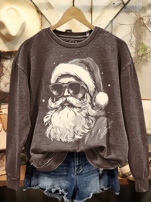Women's Retro Christmas Art Print Casual Long Sleeve Crew Neck Sweatshirt