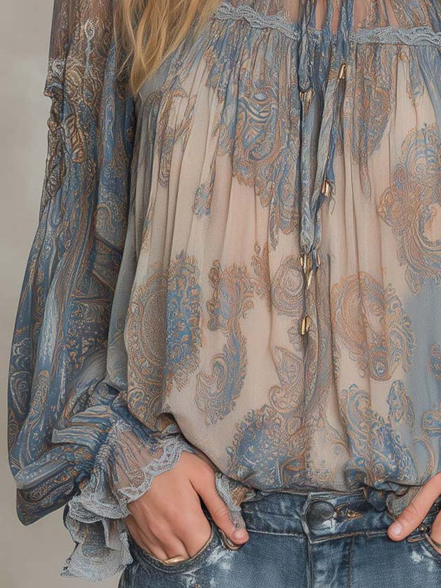 Vintage Sheer Paisley Ruffle Blouse