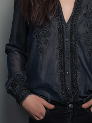 Elegant Dark Blue Chiffon Lace V-Neck Embroidered Shirt