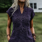 Vintage Viking Life Of Tree Celtic Embroidered Linen Blend Shirt