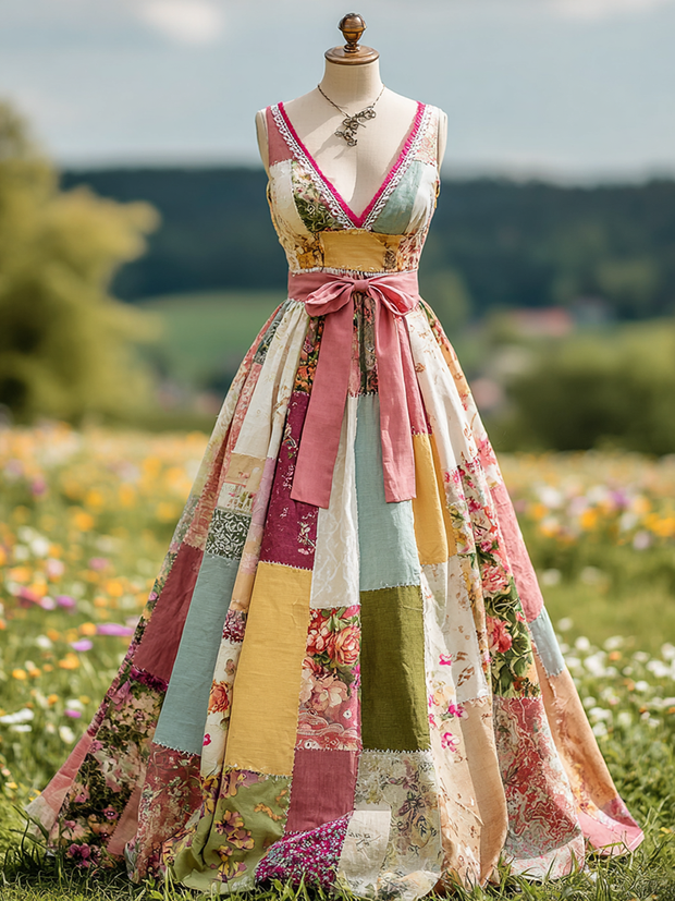 Women's Vintage Floral Art Patchwork V Neck Comfy Maxi Dress