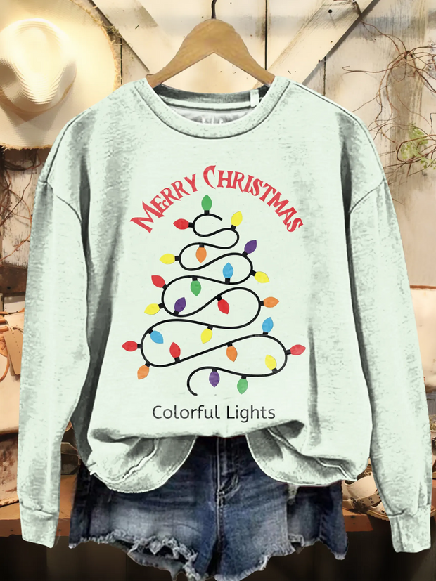 Artistic Print Sweatshirt with Christmas Tree and Colorful Lights Design