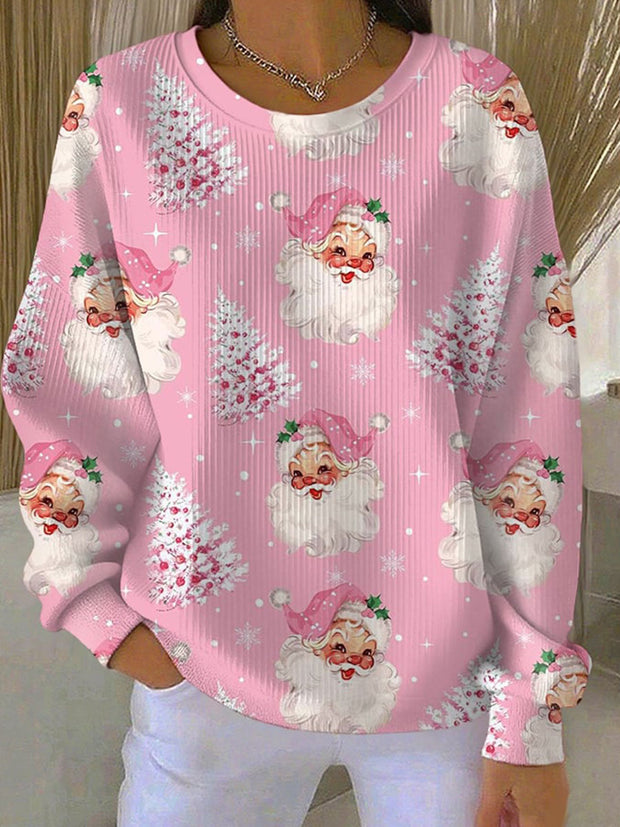 Women's Christmas Tree Santa Claus Print Ribbed Round-Neck Sweatshirt