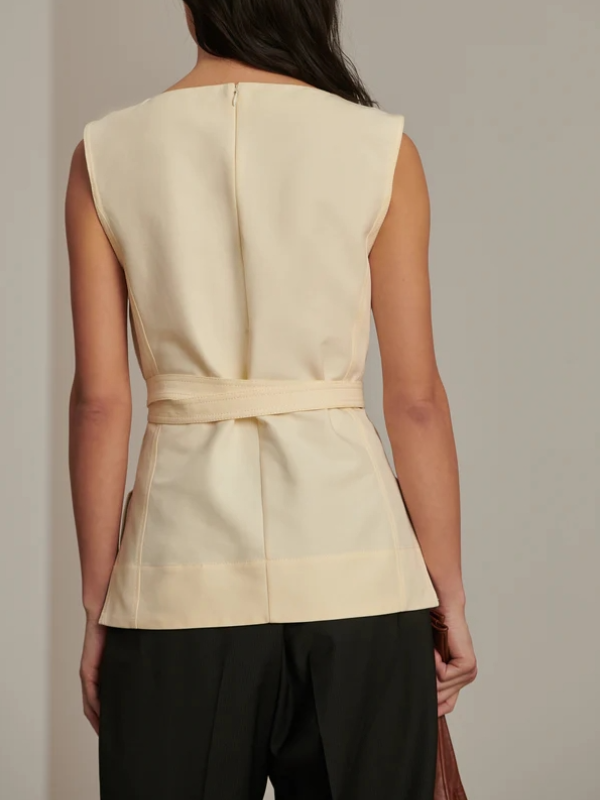 Round Collar Belt And Buttons Split  Sleeveless Shirt