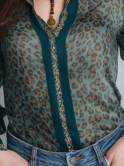 Boho Animal Print Vintage Green Chiffon Shirt