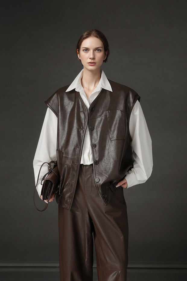 Women’s Sheepskin Leather Vest – Oversized Pocket Design Sleeveless Jacket, Versatile Chic Outerwear