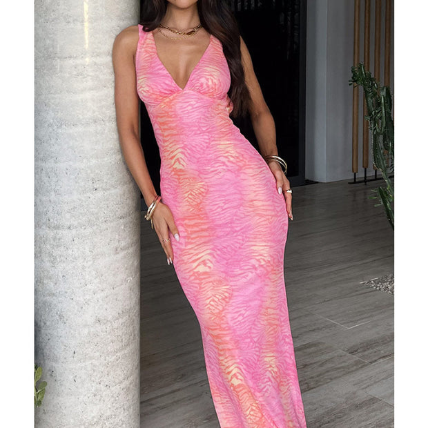 Pink Sunset Print Maxi Dress