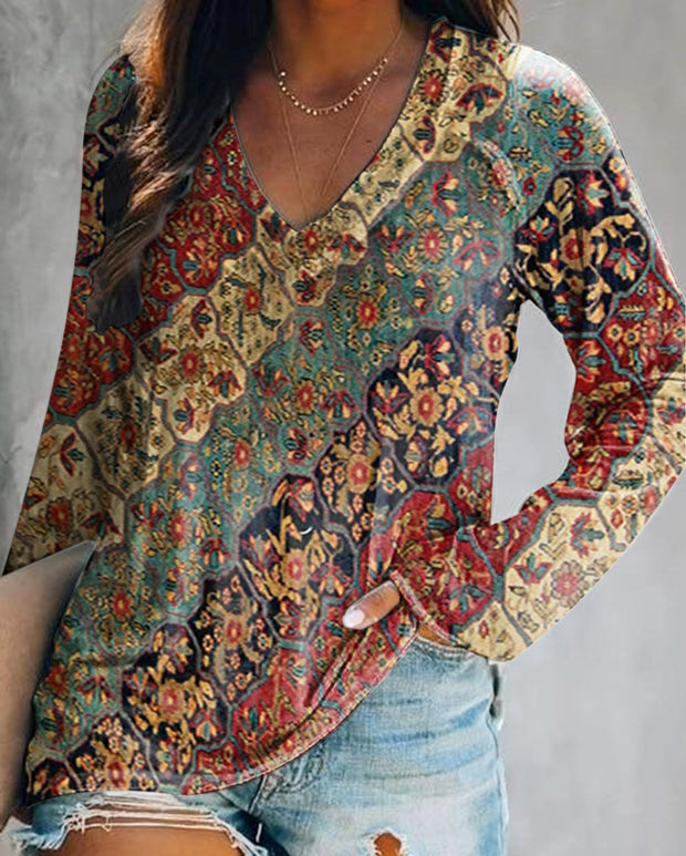 Women's Bohemian Ethnic Totem Art Print Casual V-Neck Long Sleeve T-Shirt