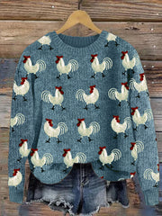 Roosters Embroidery Pattern Cozy Knit Sweater