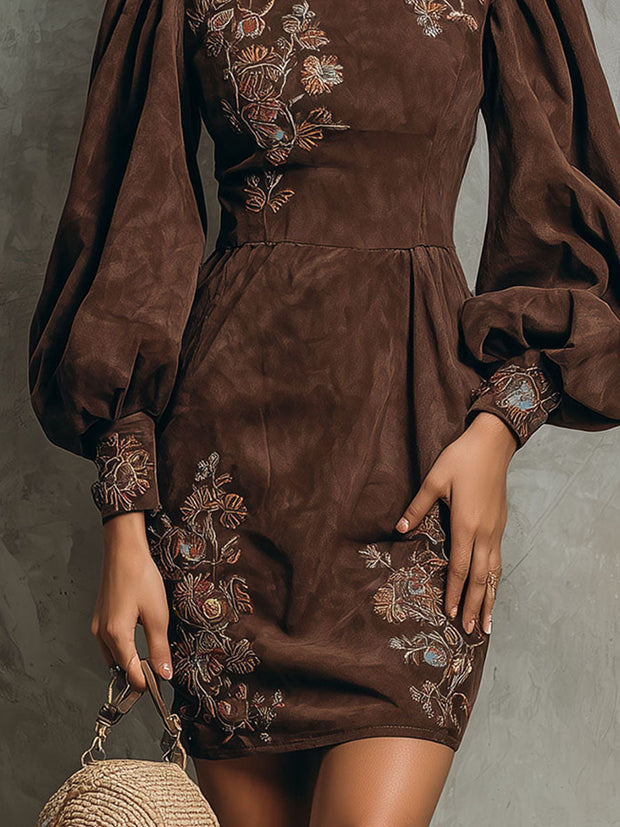 Boho Brown Puff Sleeve Floral Embroidered Suede Mini Dress