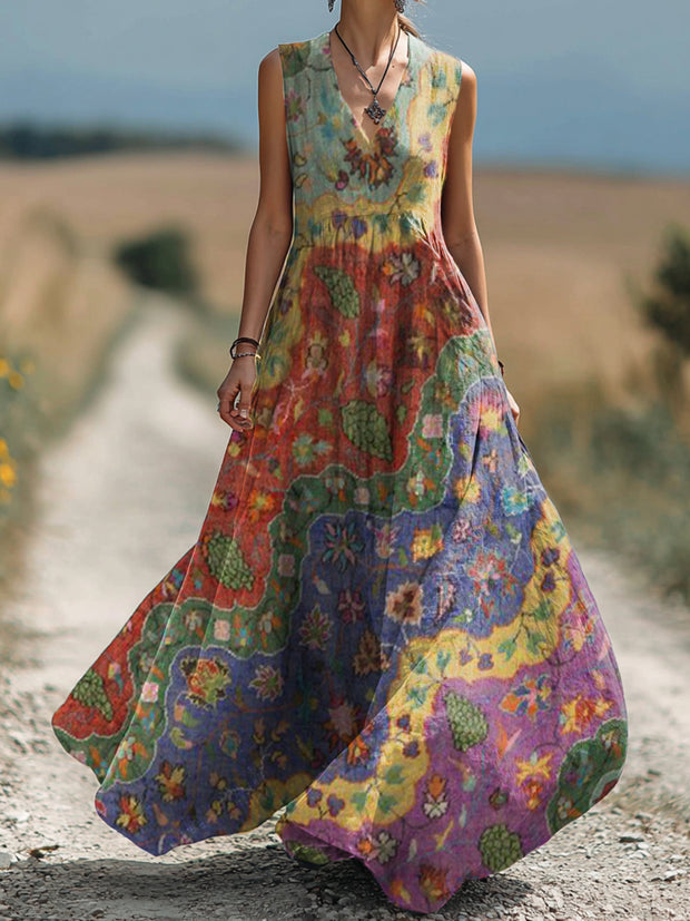 Women's Vintage Bohemian Collage Art Print Sleeveless Cotton Pocket Dress