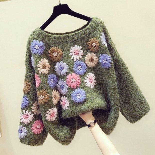 Cozy Handmade Flower Embroidery Autumn Winter Loose Sweater