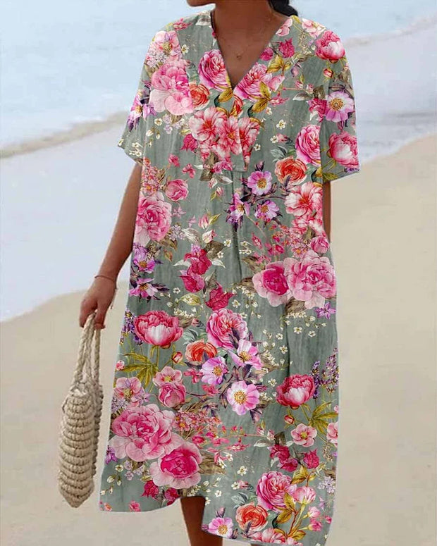 Women's Elegant Seaside Resort Rose Floral Print V-Neck Cotton and Linen Dress