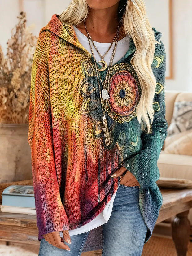 Women's Colorful Mandala Art Pattern Print Casual Knitted Hooded Tunic Top