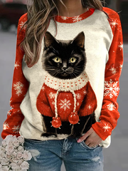 Vintage Meowy Christmas Snowflake Warmth Cat Pattern Print Ladies Sweatshirt