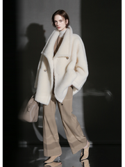 Luxury Teddy Wool Coat for Women – Double-Faced Wool Overcoat with Oversized Lapel, Warm Fuzzy Winter Jacket