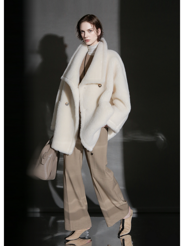 Luxury Teddy Wool Coat for Women – Double-Faced Wool Overcoat with Oversized Lapel, Warm Fuzzy Winter Jacket
