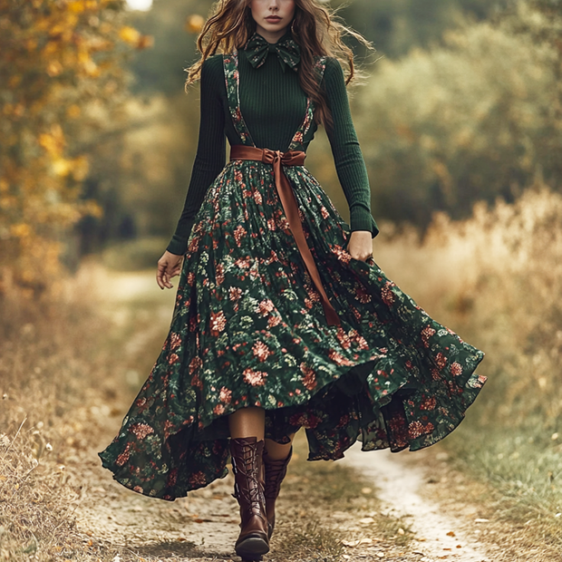 Women's Two-piece Bohemian Pastoral Suspender Floral Dress Autumn And Winter Retro Long Dress Two-piece Set