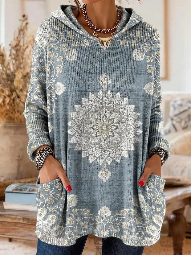 Light Blue National Style Flowers Women's Print Casual Long Sleeve Hooded Sweater