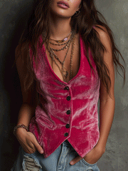 Retro Bohemian Bright Pink Velvet Vest