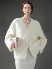 V-Neck Wool Coat for Women – Double-Faced Cashmere Blend Brushed Short Jacket, Elegant Autumn Winter Outerwear