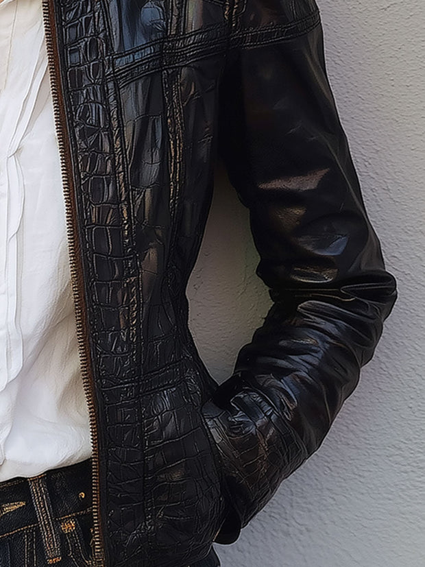 Classic Stand Collar Crocodile Leather Jacket