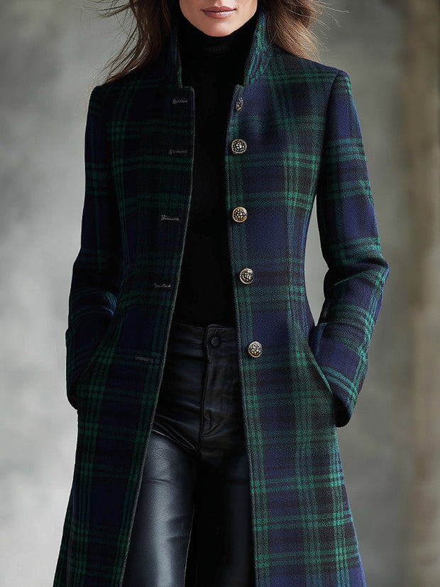 Bohemian Contrast Check Mid-length Wool Coat