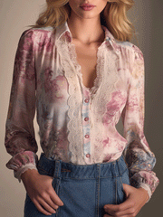 Romantic Retro Lace V-neck Rose Print Chiffon Shirt