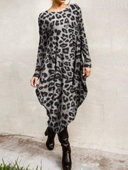 Leopard Printing Round Neck Long Sleeves Irregular Hem Loose Midi Dress