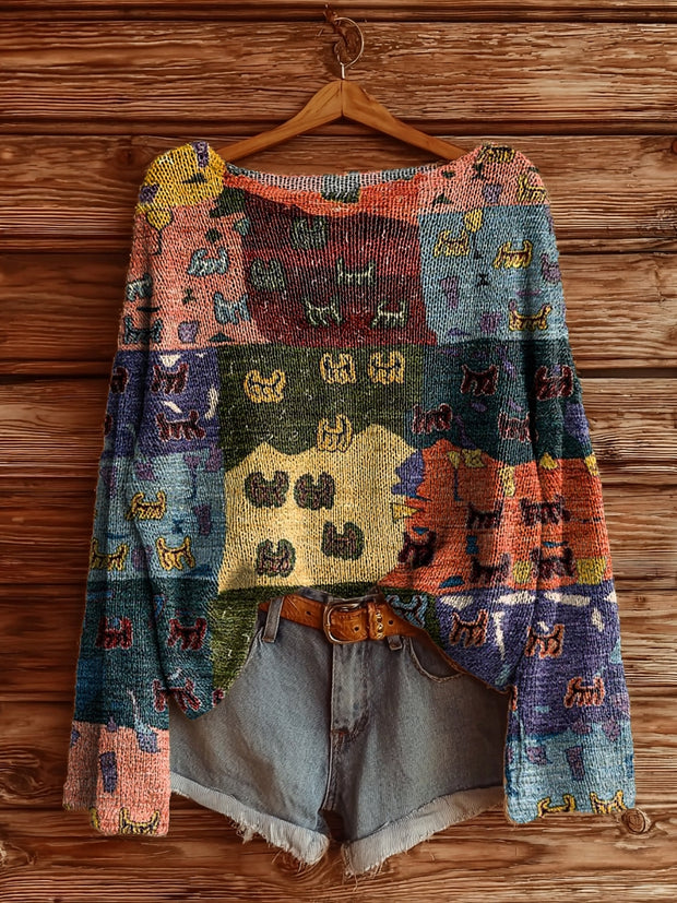 Women's Ethnic Totem Collage Art Pattern Print Casual Pullover Sweater