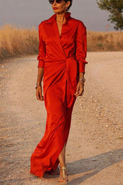 Red Satin Wrap Shirt Maxi Dress