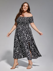 Plus Floral Off-Shoulder Split Midi Dress