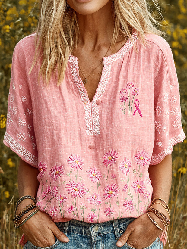 Women's Breast Cancer Awareness Daisy Flower Small V Neck Shirt