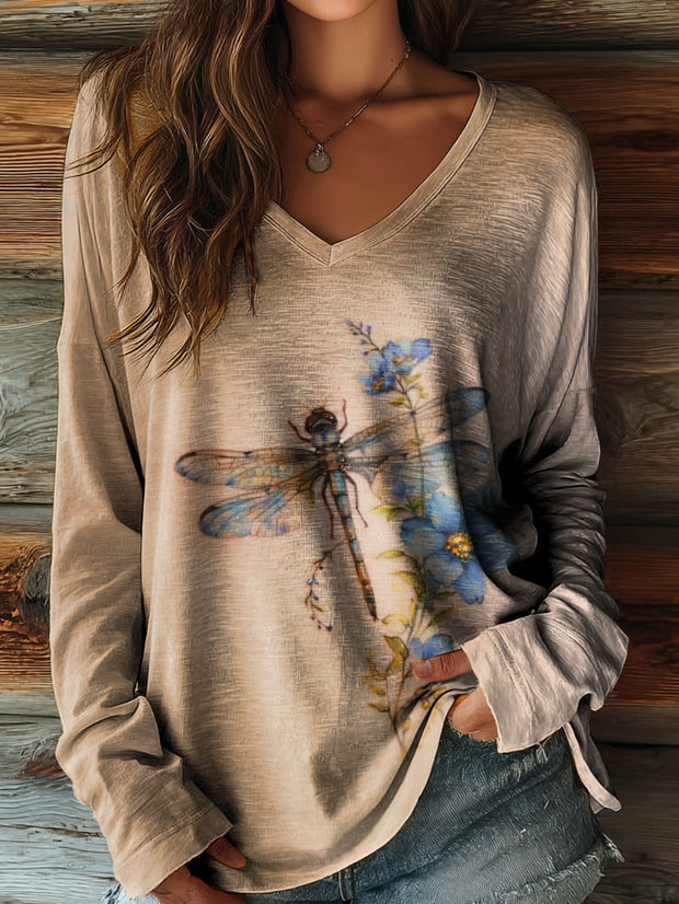 Women's Bohemian Floral Dragonfly Art Print Casual V-neck Long Sleeve T-shirt