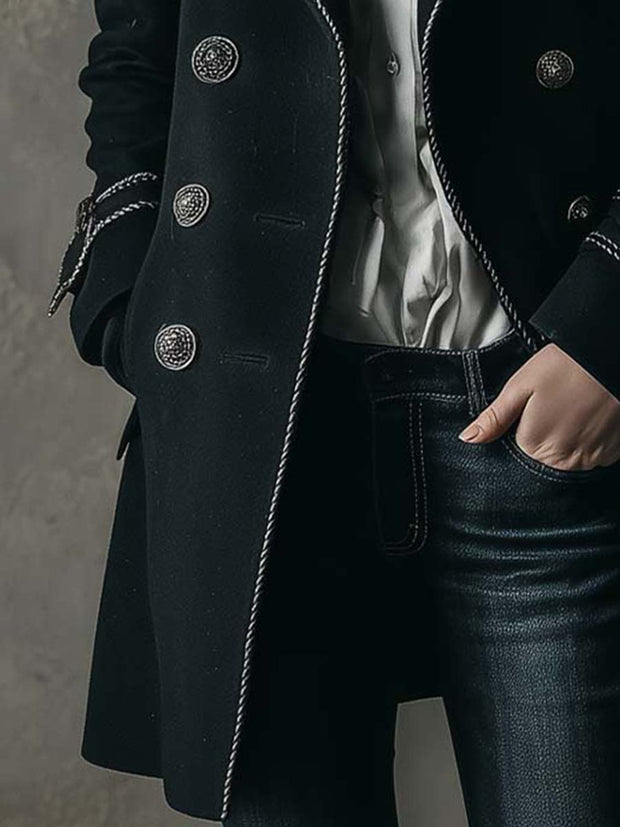 Black Double-Breasted Military Coat With Silver Detailing