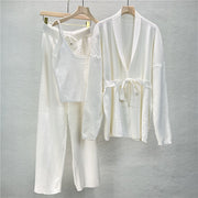 Knitted cardigan jacket and suspender wide-leg pants three-piece set